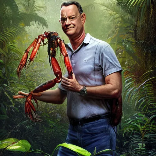 Image similar to Tom Hanks as forrest gump hugging a giant shrimp in the jungle, realistic digital painting, in the style of Aleksi Briclot, photoreailstic, realistic face, amazing detail, sharp