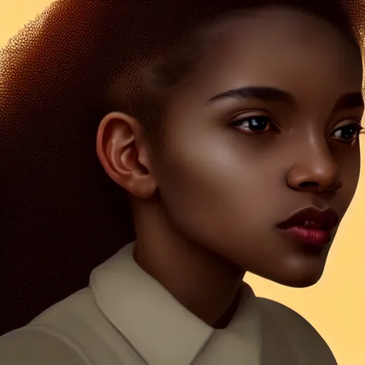 Image similar to a photorealistic hyperrealistic, bright brown eyes, light skinned african young girl, ponytail hair, flawless face, beautiful lips, cute face, black turtle neck shirt, by wlop, artgerm, greg rutwoski, alphonse mucha, beautiful dynamic dramatic low - light moody lighting, cinematic atmosphere, artstation, concept design art, octane render, 8 k