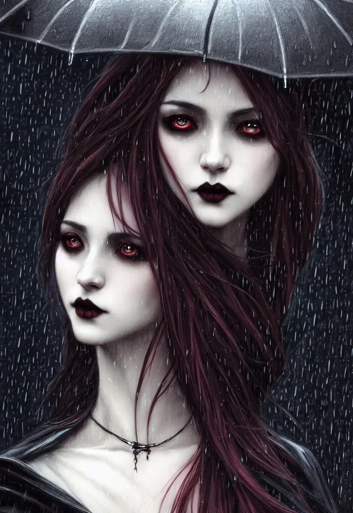 Prompt: a portrait of a beautiful gothic vampire on the streets of tokyo in the rain, intricate, well drawn eyes, defined face, sharp focus, illustration, highly detailed, digital painting, concept art, matte, 8 k resolution, dramatic lighting,, art by wlop and artgerm and greg rutkowski and alphonse mucha, masterpiece
