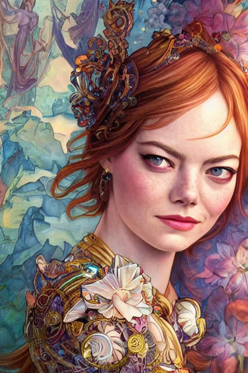 Prompt: Emma Stone as a Universal Goddess, cute, fantasy, intricate, elegant, highly detailed, digital painting, 4k, HDR, concept art, smooth, sharp focus, illustration, art by artgerm and H R Giger and alphonse mucha