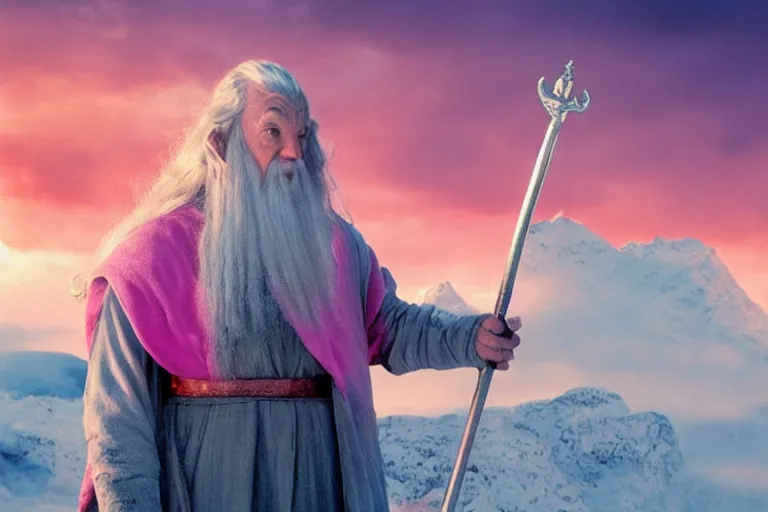 Image similar to portrait of Gandalf wearing pink Hello kitty costume, smiling warmly, sunrise, movie still from Lord of the Rings, cinematic