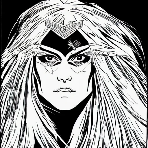 Prompt: symmetry! portrait of barbarian woman, long blond hair, detailed by frank miller