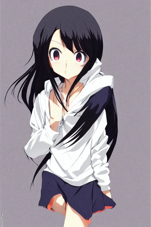 Image similar to anime visual, portrait of a young black haired girl wearing hoodie in a school, cute face by yoh yoshinari, katsura masakazu, studio lighting, dynamic pose, dynamic perspective, strong silhouette, anime cels, ilya kuvshinov, cel shaded, crisp and sharp, rounded eyes, moody