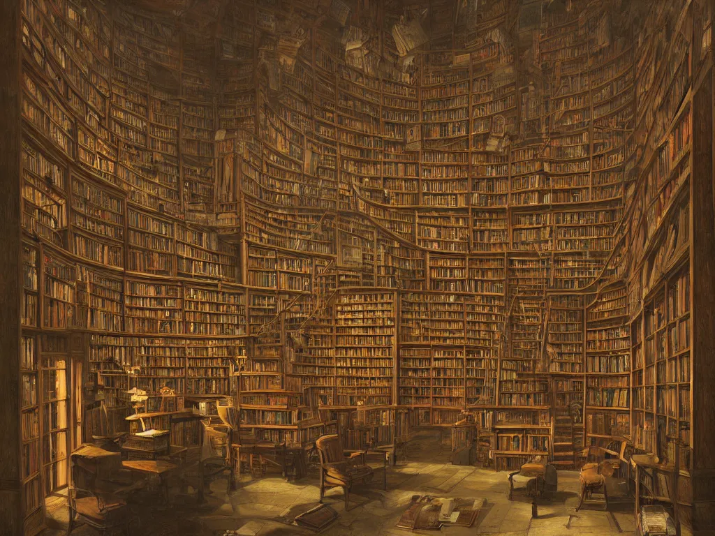 Prompt: a beautifully and highly detailed painting of a library, by marc simonetti, david friedrich and franz sedlacek,