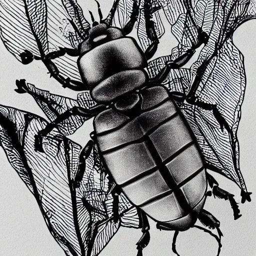 Prompt: beetle, black and white, botanical illustration, black ink on white paper, bold lines