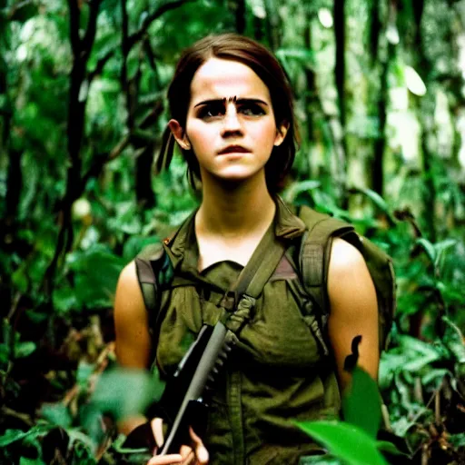 Image similar to film still, close up, portrait, emma watson soldier hiking through dense vietnam jungle, kodak ektachrome 1 9 7 3,