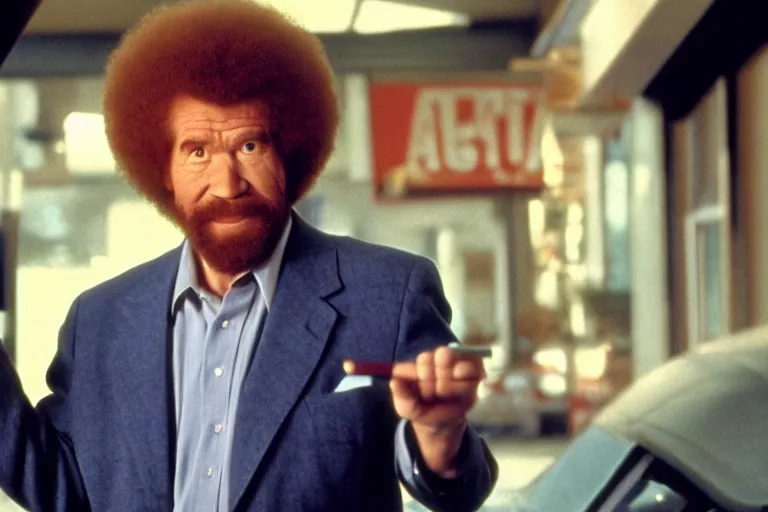 Image similar to a film still of Bob Ross as used car salesman, dramatic lighting