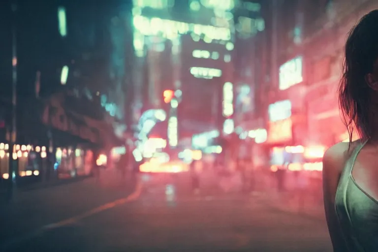 Image similar to VFX movie portrait closeup beautiful blade runner hologram woman natural skin, natural night street lighting in the city alley by Emmanuel Lubezki