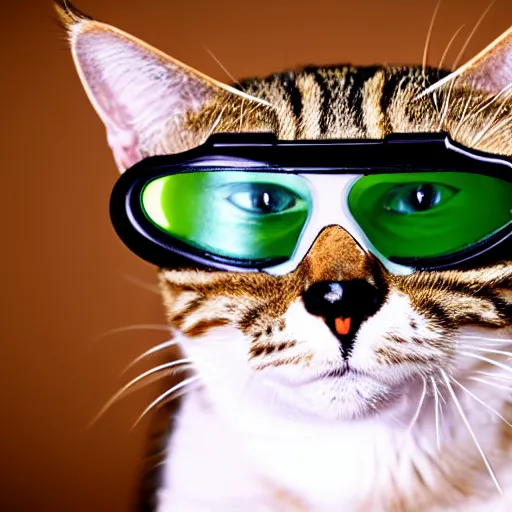 Image similar to a tabby cat wearing a medical mask and goggles