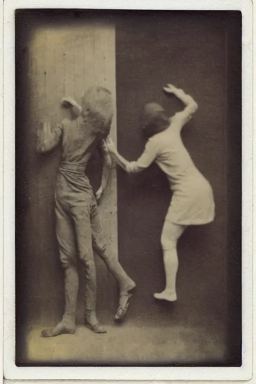 Prompt: man breaking into pieces while a woman tries to hold the fallen parts, surreal, 1 9 1 0 polaroid photo