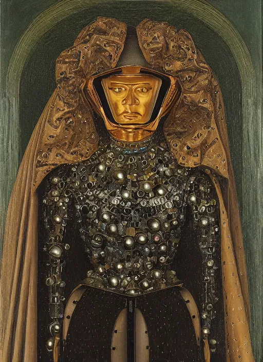 Image similar to a portrait of a shiny metallic renaissance robot, in the style of Jan van Eyck,