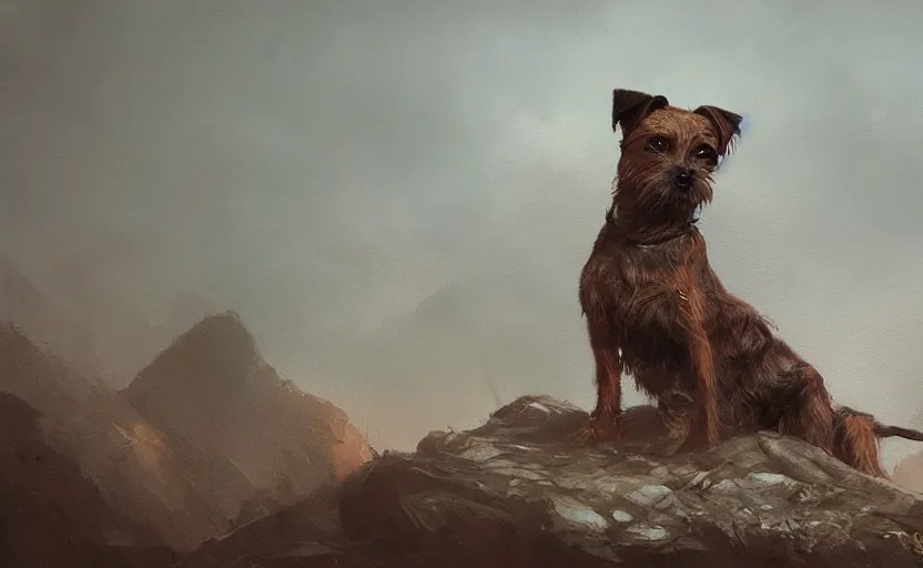 Image similar to A painting of a Border Terrier trending on artstation in the style of Greg Rutkowski