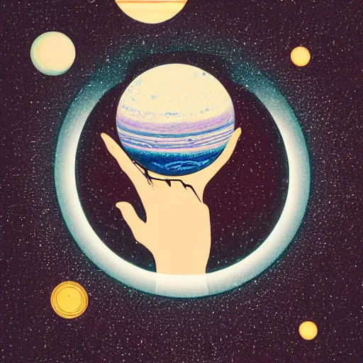 Image similar to closeup of a womans face wearing a neckless with a glowing planet Saturn as the pendant, the rings are glowing around the planet, the woman's hand reaching for the pendant, flat design, screen print by kawase Hasui and Dan hillier, 8k