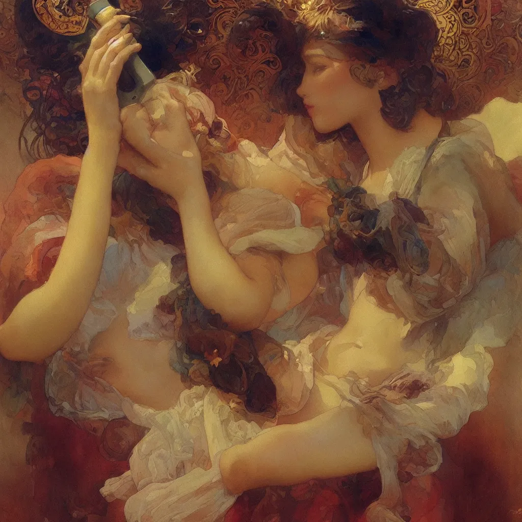 Image similar to a watercolor painting of a telephone, intricate, elegant, highly detailed, digital painting, artstation, art by delphin enjolras and alphonse mucha, smooth, sharp focus, dynamic lighting