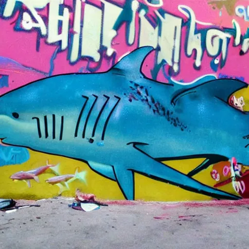 Prompt: a shark eating fish in the ocean, graffiti on the wall, award-winning