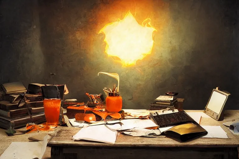 Prompt: office desk with a spilled glowing orange potion, 1 2 th century fantasy photograph