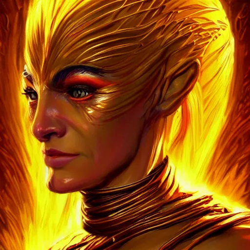 Prompt: bright, colorful, realistic, detailed from Elder Scrolls: shivering isles concept art golden saint a warrior woman with skin and hair made of bright and shiny gold portrait backlighting, kodachrome, high contrast, highly detailed, sharp focus, digital painting, concept art, illustration, trending on artstation, comic book by Alex Ross and Adam Adamowicz cover art