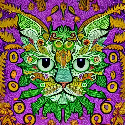 Image similar to colourful ornate decorative green man as a cat face by louis wain and william morris, closeup, twisting leaves, abstract psychedelic, 8 k, artstation