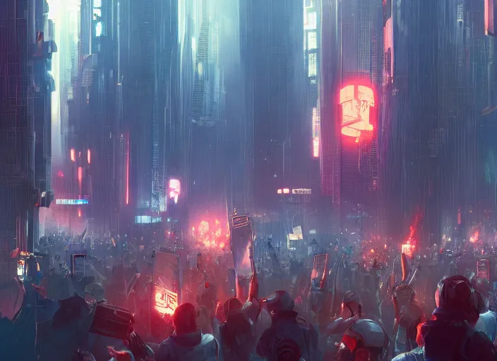 Prompt: cyberpunk protesters holding placards, detailed digital illustration by greg rutkowski, fire, android netrunner