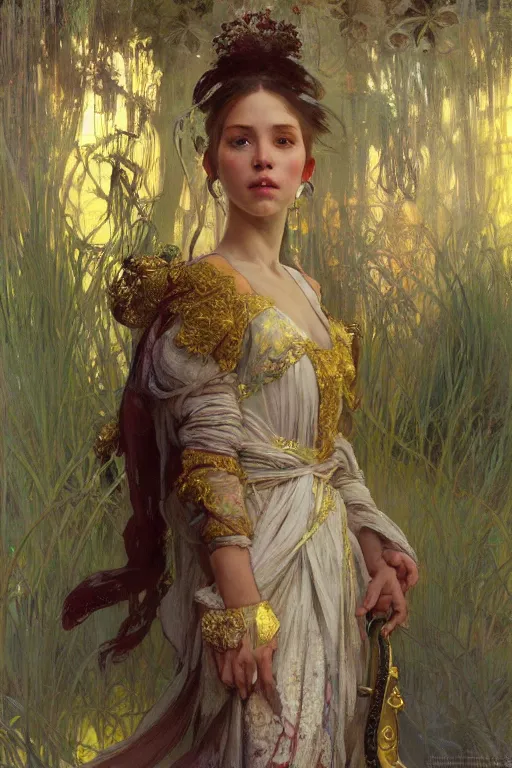 Prompt: hyperrealist portrait of a girl emperorit is decorated with long robes that fall like stars, an ostentatious palace and garden are seen in the background. by jeremy mann and alphonse mucha, fantasy art, photo realistic, dynamic lighting, artstation, poster, volumetric lighting, very detailed faces, 4 k, award winning