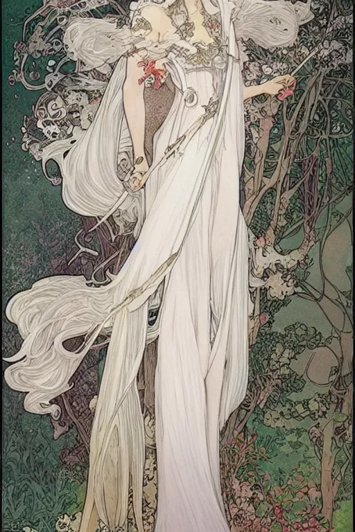 Image similar to Character design of a pure white witch in big witch‘s hat and cape from the Garden of Eden by mucha and range murata