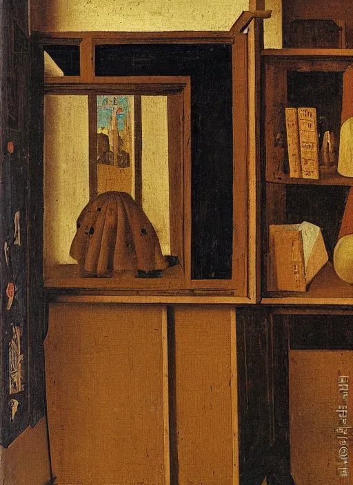 Prompt: bookshelf with books and children toys, medieval painting by jan van eyck, johannes vermeer, florence