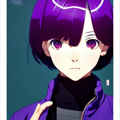 Image similar to anime poster film still portrait, black young woman, large, purple eyes!!!, white french bob, bomber jacket, detailed facial features, dynamic pose, cute face by ilya kuvshinov, yoh yoshinari, makoto shinkai, rimlight, cel shaded, 4 k