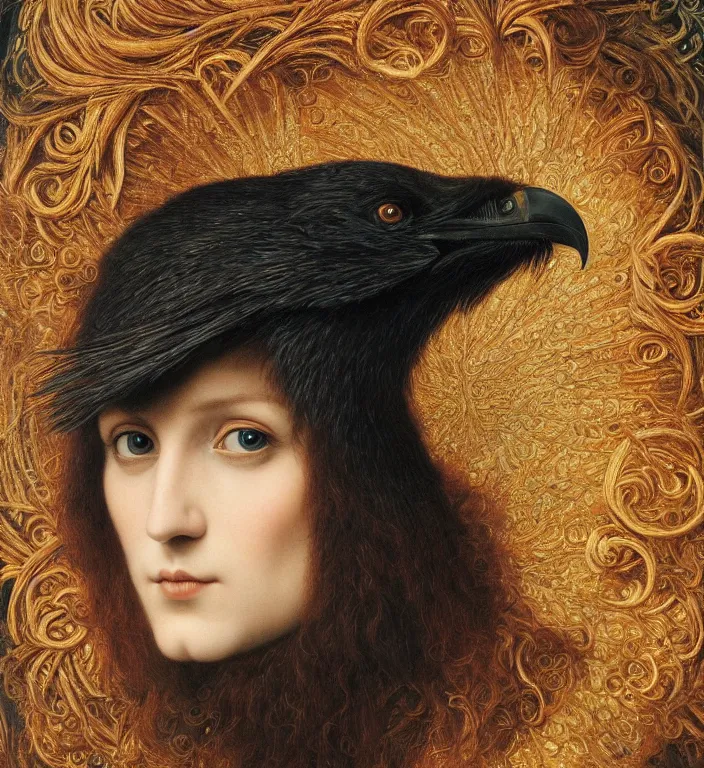 Image similar to a breathtakingly stunningly beautifully highly detailed portrait of a majestic raven, by rosetti and devinci and michael cheval and sidney cooper and turner, 4 k