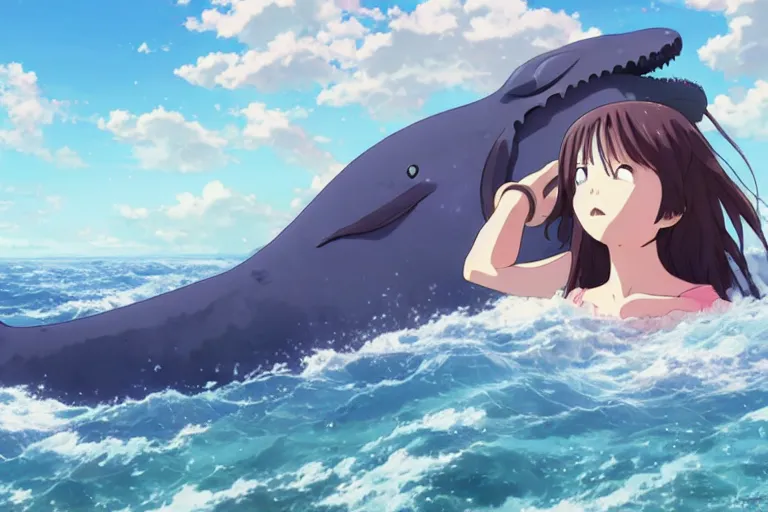 Prompt: a vast scene, panorama distant view, anime art full body portrait character concept art, hyper detailed scene render of the girl sat on the back of the whale, anime key visual of children of the sea, finely detailed perfect face, on the sea, makoto shinkai, violet evergarden, studio ghibli, james jean, hayao miyazaki, extremely high quality artwork