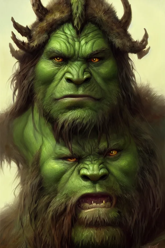 Image similar to portrait of a druidic green mountain orc, looking at camera, d & d, savage warrior, fur attire, aztec hair, large noses, intricate, fantasy, extremely detailed, digital painting, artstation, concept art, smooth, sharp focus, illustration, ambient lighting, art by artgerm and greg rutkowski and alphonse mucha and simon stalenhag