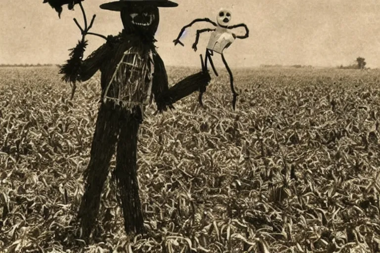 Prompt: disturbing screaming scarecrow from the early 1 9 0 0's burning down the cornfields