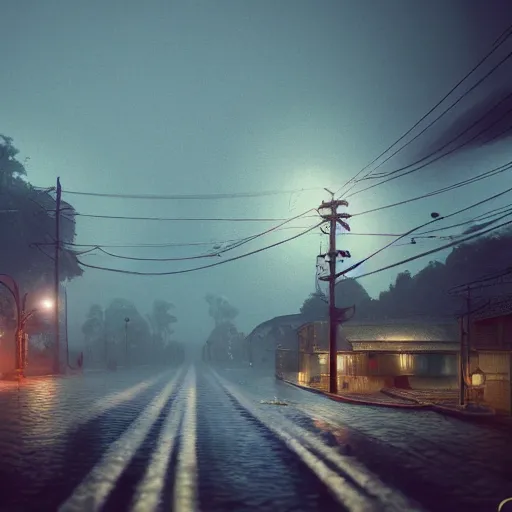 Image similar to silent Jember city, stormy overcast, octane render, cinematic, trending on artstation, elegant, intricate, style by Simon Stålenhag, 8k