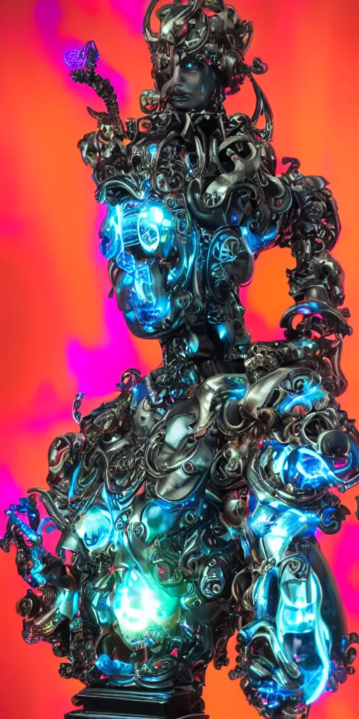 Prompt: full-body baroque and cyberpunk style sculpture of a young seductive Hispanic prince half android with a chest exposing a glowing gemstone battery and a CRT monitor face, glowing pink seductive laser eyes, crown of blue gears and diamonds, swirling salmon-colored silk fabric, robotic raptors dinosaurs. baroque elements. full-length view. intricate artwork by caravaggio. art by Artgerm and Greg Rutkowski and Alphonse Mucha, Trending on artstation, cinematic industrial lighting, hyper realism, octane render, 8k, depth of field, 3D