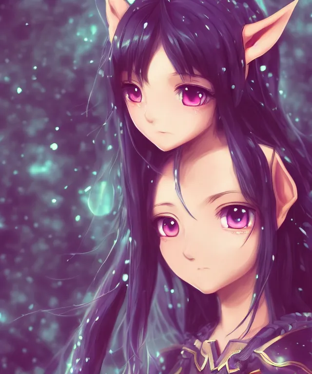 Image similar to adorable young cute anime elf girl, long black hair, fantasy armor. symmetrical face. symmetrical detailed defined eyes. beautiful lineart. bokeh pixiv # 1 ranking depth focus, chromatic aberration, noise, soft lighting, srgb, 4 k, cinematic