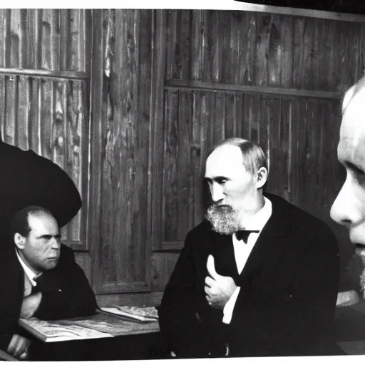 Image similar to karl marx and vladimir putin discussing communism, photo 1960, restaurant background