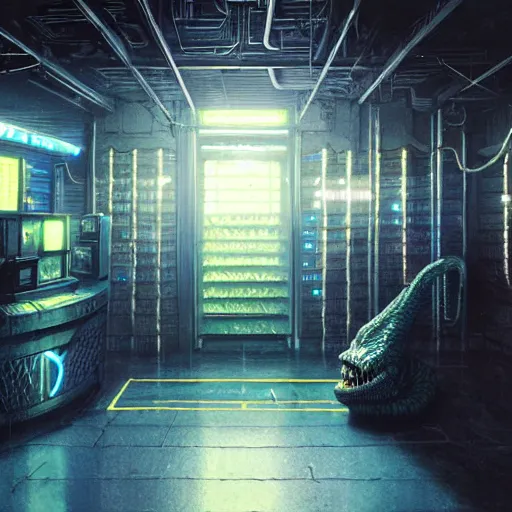 Image similar to menacing aggressive black slimy creature made out of needles, inside a gas station, aggressive harsh bright fluorescent industrial blue lighting, extremely detailed digital matte painting buy Greg Rutkowski and H.R. Giger