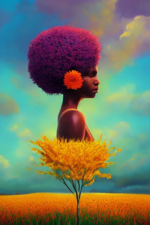 Prompt: closeup, large flower as head, black woman in heather field, surreal photography, golden hour, colorful clouds, impressionist painting, digital painting, artstation, simon stalenhag