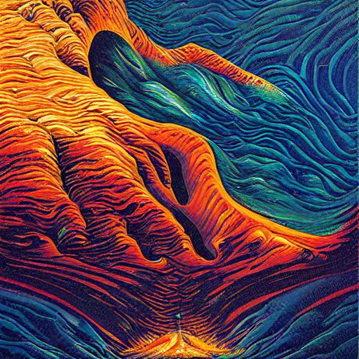 Prompt: vulcano, lava, ocean, surreal by dan mumford and umberto boccioni, oil on canvas