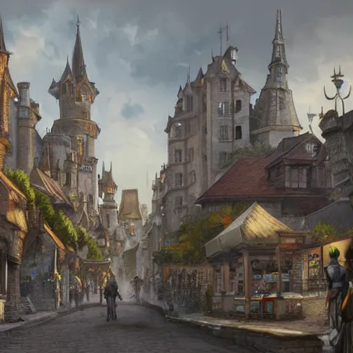 Prompt: elegant fantasy capital city, in the foreground sprawling houses and shops lining the crowded streets. in the background is a large stone castle with several tall spires. view from the ground looking from a street towards the castle. realistic, highly detailed painting concept art style