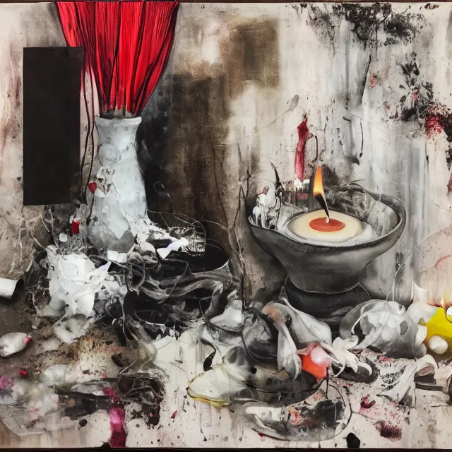 Prompt: a female artist's apartment, sensual portrait of a woman sleeping, cracked handmade japanese pottery vase, torn paper smouldering smoke, candles, white flowers on the floor, puddle of water, octopus, squashed berries, neo - expressionism, surrealism, acrylic and spray paint and oilstick on canvas