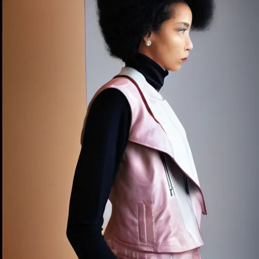 Image similar to female, beautiful, portrait, photograph, looking at viewer, silver pink black jacket,