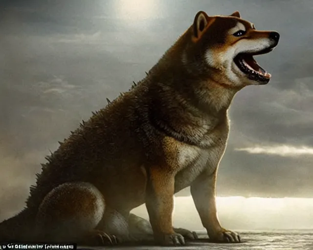 Image similar to godzilla as a shiba inu in a Godzilla: King of the Monsters still film directed by Christopher Nolan, shooting beams from its mouth and toppling over cities, epic action scene