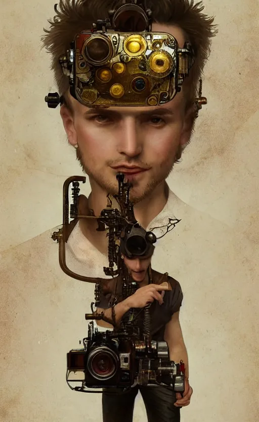 Image similar to hyper realistic male photographer looking through a vintage steampunk medium format camera, design on white background, beautiful details, lush foliage cyberpunk, gold, drawn by john singer sargent, tom bagshaw, norman rockwell, alphonso mucha, lolish, trending on artstation