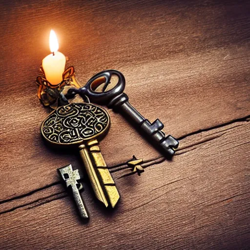 Image similar to a large ornate key with gems and engraved runes, on a rough wooden dungeon table, very little light, candlelit, d & d, underexposed macro photo