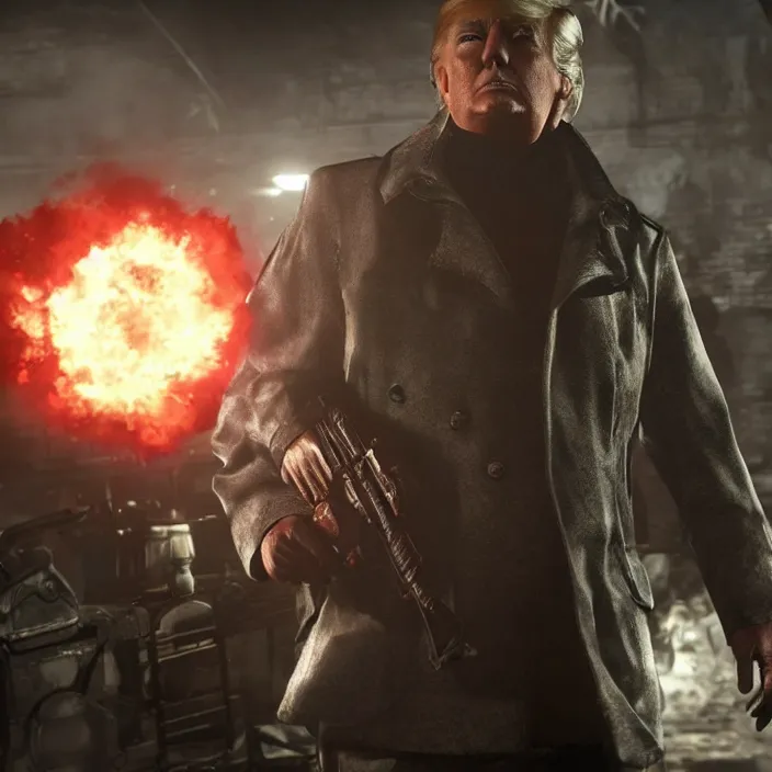 Image similar to donald trump in call of duty zombies gameplay screenshot, direct warm lighting high graphics detailed