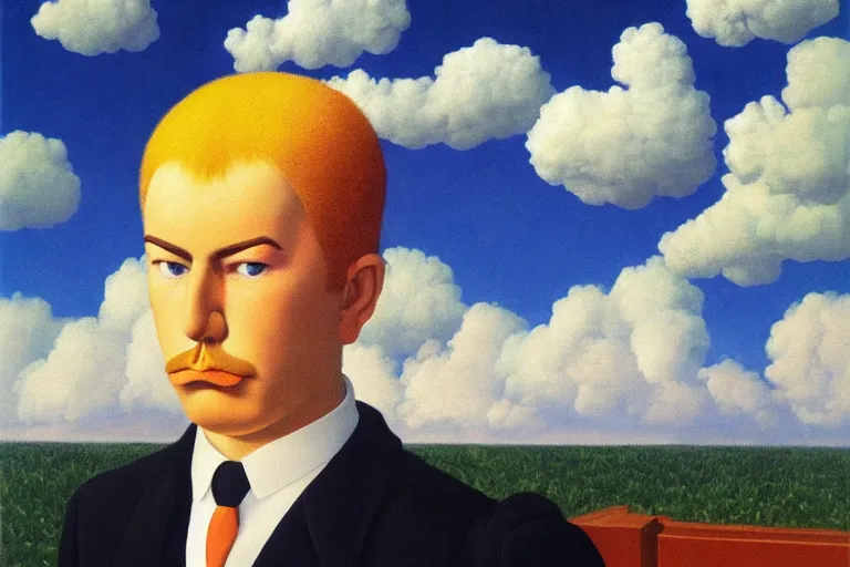 Image similar to portrait of cloud man by rene magritte, detailed painting, hd, hq, high resolution, high detail, 4 k, 8 k