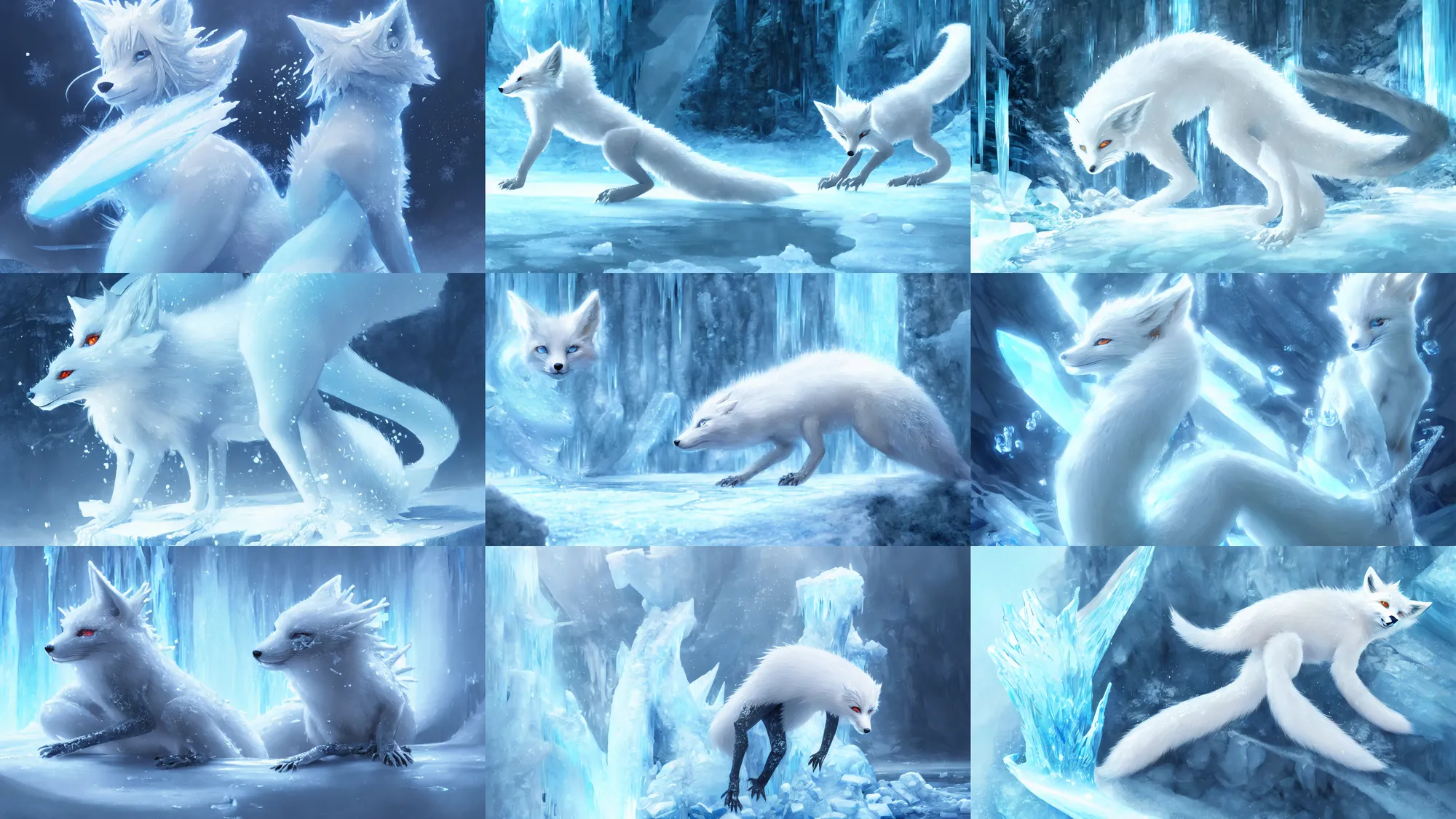 Prompt: white - haired anime fox lizard frozen in an ice flow infront of a frozen ice caslte, intricate, highly detailed, smooth, wide shot, artstation, digital illustration by ruan jia