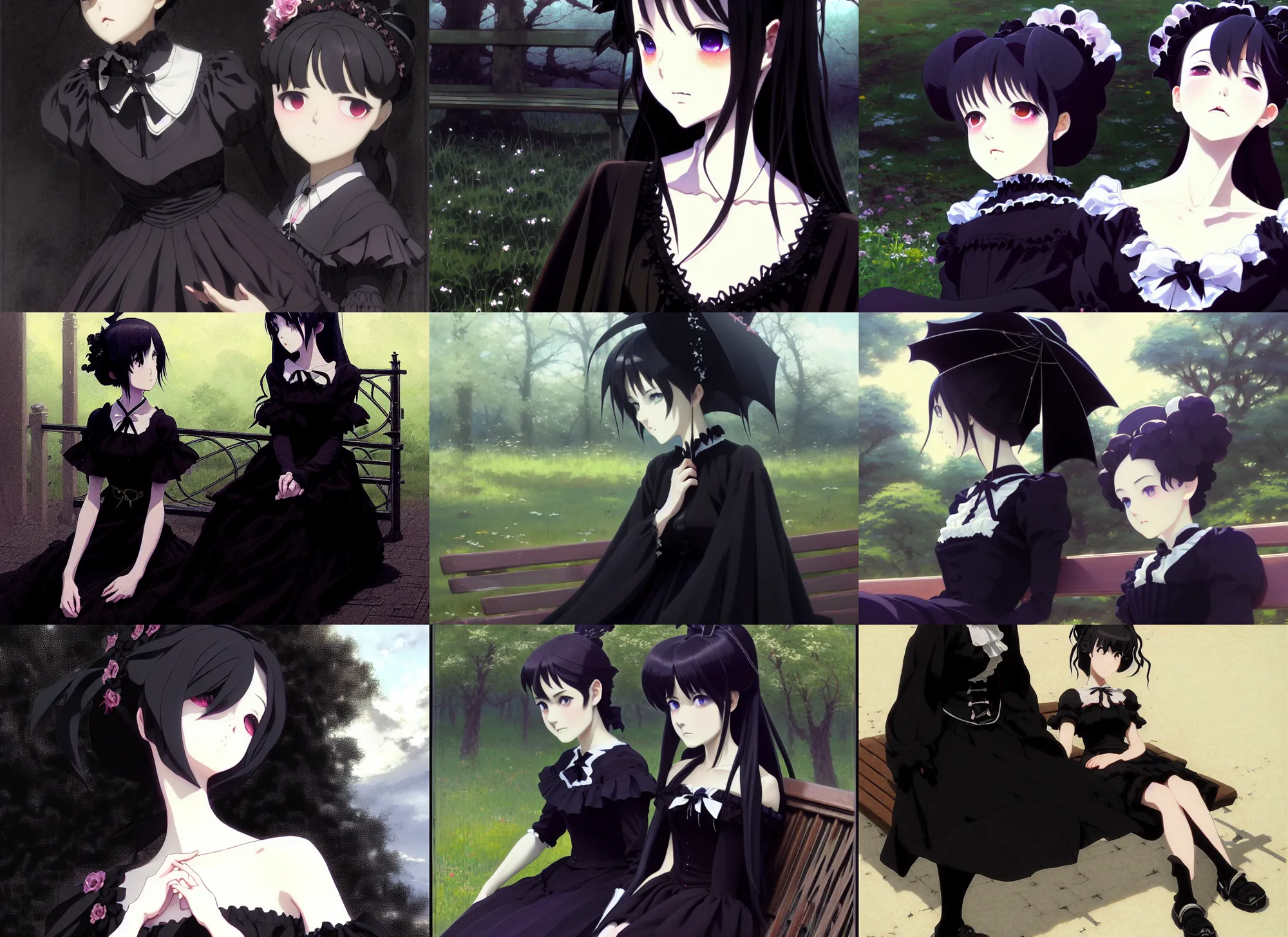 Prompt: a film still portrait of a gothic lolita black dress woman, finely detailed features, closeup at the faces, perfect art, sitting on a bench, gapmoe yandere grimdark, trending on pixiv fanbox, painted by greg rutkowski makoto shinkai takashi takeuchi studio ghibli, akihiko yoshida