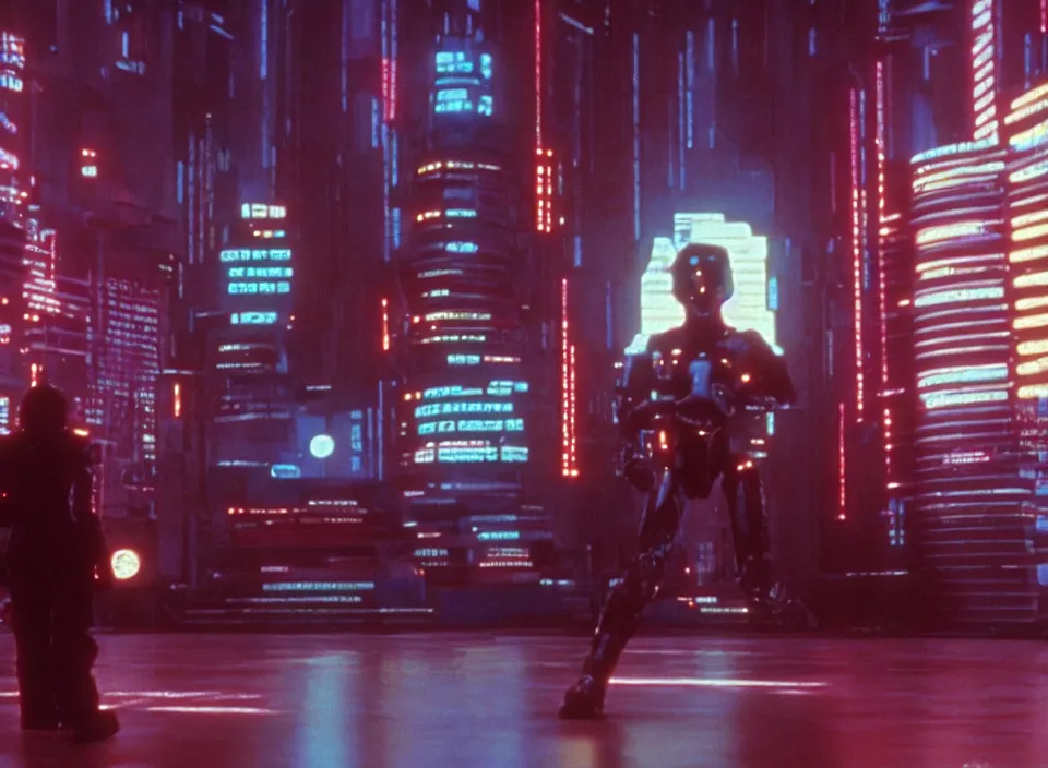 Image similar to cinematic shot from a 1 9 8 5 cyberpunk movie directed by stanley kubrick, color theory, leading lines, minimalism, photorealistic, volumetric lighting, f / 2 2