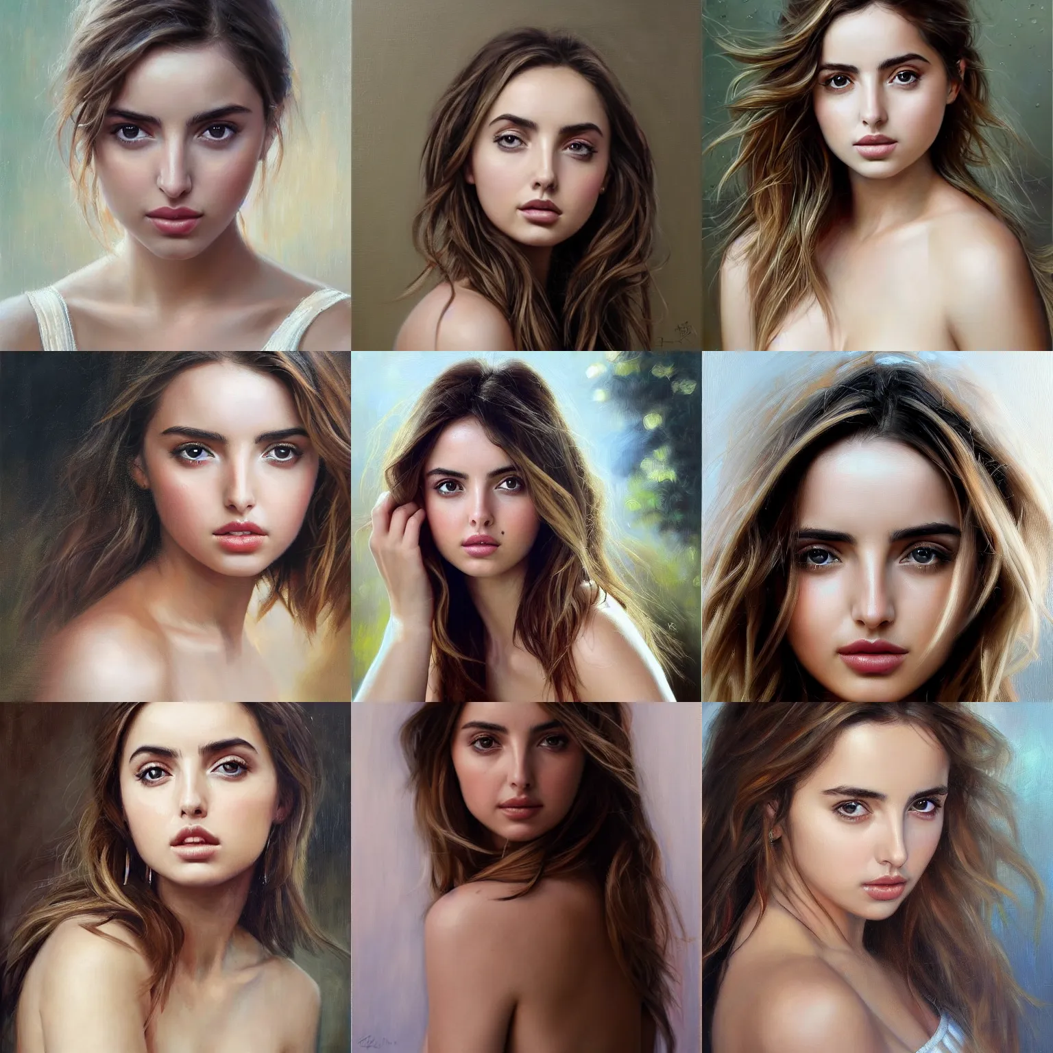 Prompt: stunning serene portrait of Ana de Armas by Mark Arian, oil on canvas, masterpiece, realism, piercing gaze, autumn bokeh